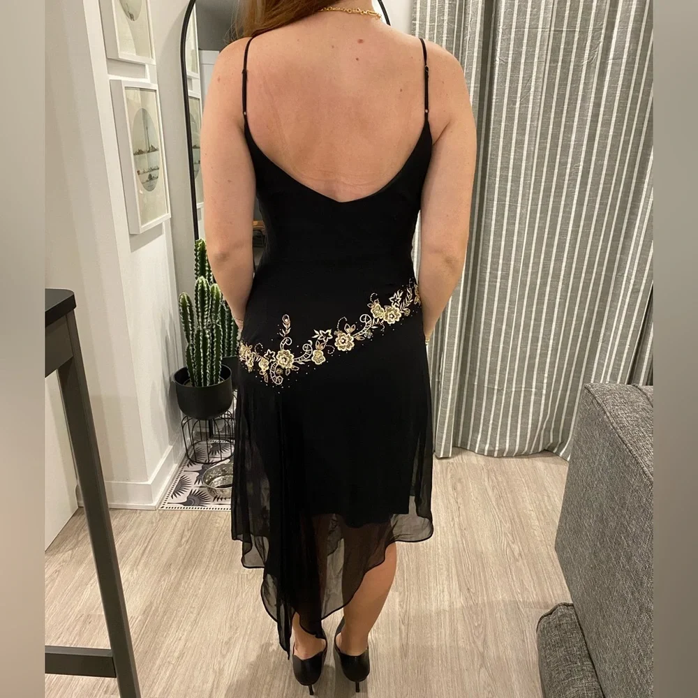 VINTAGE | Marina Black Silk Dress with Floral Sequin Embroidery / Modern Size XS - Picture 3 of 10